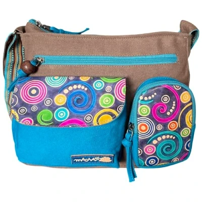 Immagine di Macha borsa cotone e inserti in pelle con stampe colorate, a tracolla per donna etnica indiana (Grigio)