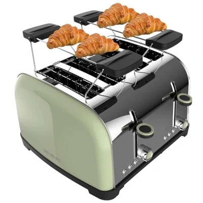 Immagine di Cecotec Tostapane verticale Toastin&#039; time 1700 Double Green, 1700W, Doppia fessura corta e larga 3,8 cm, Barre superiori, Acciaio Inoss, Spegnimento Pop up Automatico, Raccogli briciole