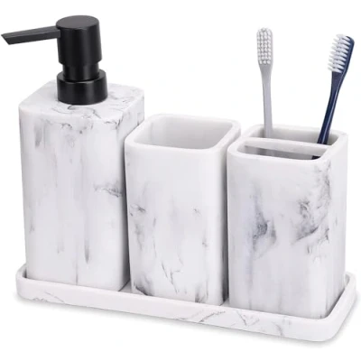 Immagine di zccz Set di accessori per il bagno completo in stile marmo bianco Dispenser sapone, portaspazzolino, vassoio Organizzatore