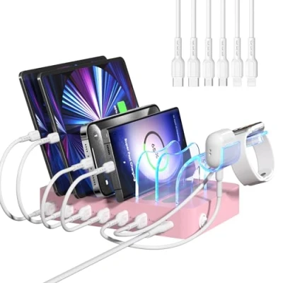 Immagine di SooPii Stazione di Ricarica per Dispositivi Multipli, Multipla da 50W a 6 Porte con Supporto Caricabatterie i Watch 2 in 1 e Cavi Progettato Telefoni lPad (Rosa)