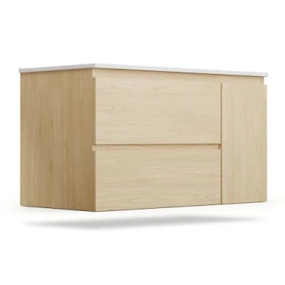 Immagine di blumfeldt Johnstone Mobile da Bagno con Lavabo, Legno Naturale, 90 cm, Lavabo in Ceramica Facile Pulire, Cassetti Soft Close, Ampio Spazio, Resistente all&#039;Umidità Montare