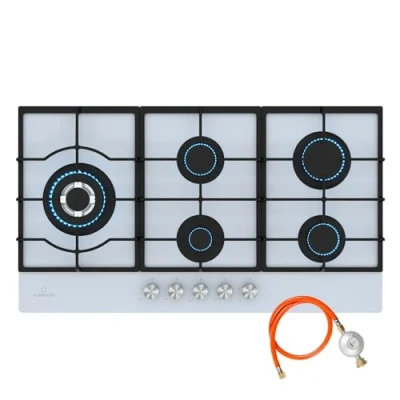 Immagine di Klarstein Ignito Chef Edition Piano Cottura a Gas, 5 Bruciatori Sabaf, Vetro Temperato, 3,6 kW, SnapJetIgnition, Adatto per Wok, Gas Naturale &amp; GPL, 90x5x51 cm, Facile da Pulire