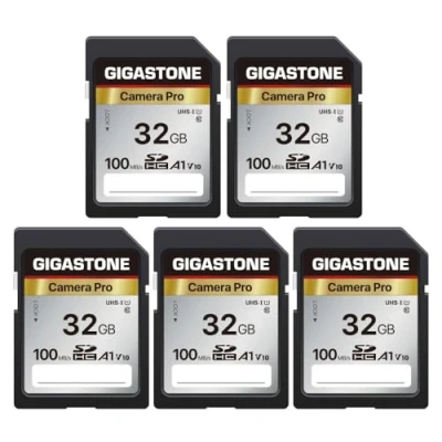 Immagine di Gigastone Scheda di memoria SDHC da 32 GB, fotocamera Pro seriale, confezione 5 schede, velocità fino a 100 MB/s. Compatibile con Canon Nikon Sony Videocamera A1 U1 V10 UHS I Classe 10