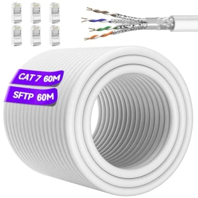 Immagine di Soibke Cavo Ethernet 60 Metri, Lan Cat 7 Schermato S/FTP Alta Velocità 24AWG 10Gbps 600MHz Internet Gigabit RJ45 Rete 100m Molto Lungo Bianco Impermeabile Esterno Patch per Router