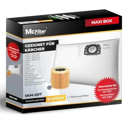 Immagine di McFilter 10 sacchetti per aspirapolvere + 1 filtro adatto Kärcher KFI 357 WD 2 Plus serie 3 KWD SE 4001 4002 come 2.863 314.0 e 6.414 552.0