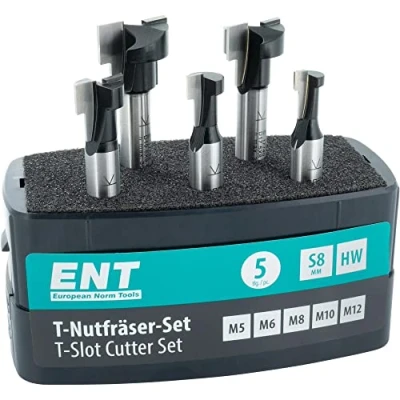 Immagine di ENT 09055 Set da 5 pz. Fresa scanalature a T M5, M6, M8, M10 e M12, codolo 8 mm, in metallo duro, per viti esagonali con filettatura metrica, frese legno