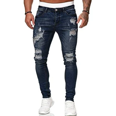 Immagine di Jeans skinny strappati elasticizzati da uomo, super comodi pantaloni in denim invecchiato con fori distrutti, Blu scuro, XL