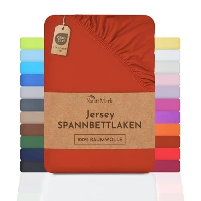 Immagine di NatureMark Lenzuolo con angoli elasticizzati in jersey, 100% cotone, molti colori e misure, conforme all’Oeko Tex Standard 100, 120 x 200 cm Ruggine di rosso