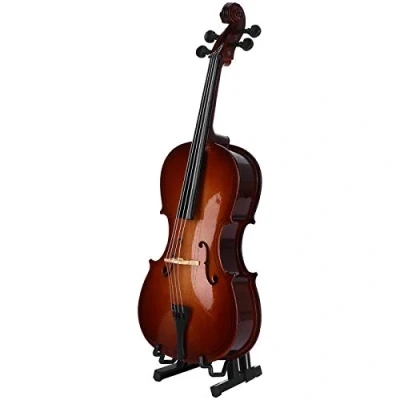 Immagine di Violoncello in miniatura modello di strumento musicale, mini musicale tiglio casa delle bambole con supporto, arco e custodia, squisita fattura aspetto