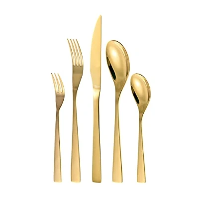 Immagine di Otto Koning Berlin Set di posate 30 pezzi in acciaio inossidabile placcato oro titanio e lucido, spessore 4 mm. coltello da bistecca. Un moderno servizio tavola per 6