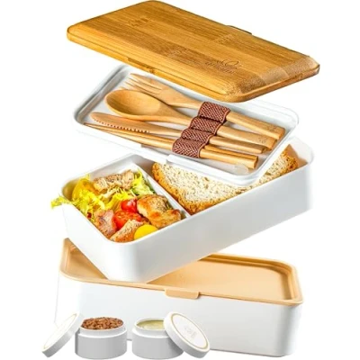 Immagine di Porta Pranzo 1,2L, Lunch Box Ermetico con 4 Scomparti e Posate, Sicuro per Microonde, Lavastoviglie, Portapranzo Ufficio, Bento Lunchbox Prova di Perdite Adulti, Schiscetta Umami