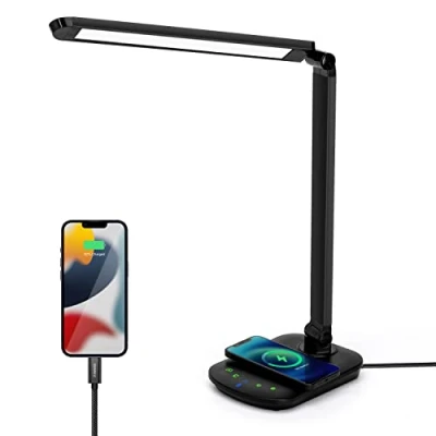 Immagine di Aigostar 10KZQ Lampada da Tavolo a LED, con Ricarica Wireless e USB Ricarica, 8W, 5 Livelli Dimmerabili, 2 Modalità Graduali di Colore, Touch Controllo, Luce Gradevole per Occhi