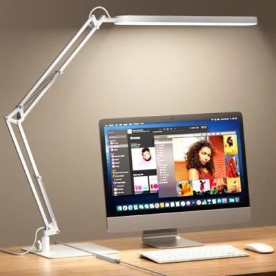 Immagine di SKYLEO Lampada da Scrivania Base Ultrasottile, Braccio Girevole Regolabile Scrivania, Dimmerabile, Timer, Funzione Di Memoria, 1300 LM, 12W, Bianco