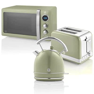 Immagine di Swan Retro Colazione Set 1,8 L Bollitore, Tostapane a 2 Fette, Microonde Digitale 20L, 6 Livelli di Potenza, Timer, Porta Effetto Specchio, Design Vintage, Verde, Taglia Unica STRP2070GNEU