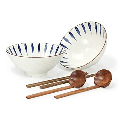 Immagine di Ciotola Ramen Giapponesi, 1000 Ml Zuppa Ciotole Ceramica Scodelle Combinazione with Legno Bacchette Cucchiaio 2 Set, For Insalata Cereali Pasta Frutta Noodle Riso Snack Udon (A)