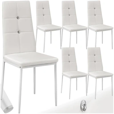 Immagine di TecTake® Set 6 Sedie Sala da Pranzo Imbottite, Cucina in Similpelle, Gambe Acciaio, Soggiorno dal Design Elegante con Strass, Moderne Antiscivolo Bianco