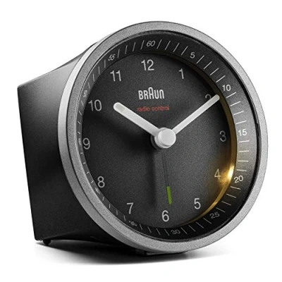 Immagine di Braun Classic Radio Controlled Analogue Alarm Clock For Central European Time Zone (DCF/GMT+1) With Snooze And Light, Quiet Movement, Crescendo Beep Silver/Black BC07SB DCF