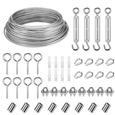 Immagine di Set Di Sospensione per Cavi in Acciaio Inossidabile, 30m Φ 3mm Fune PVC Rivestito con Tendicorda M5 Inox Piante Rampicanti, Filo Stendibiancheria Esterno, Appendere Lamp