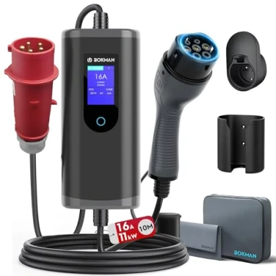 Immagine di bokman Caricabatteria da Auto Elettrico Tipo 2 EV Portatile Caricatore trifase 16A 11kW 10 Metri, Compatibile con EVs e PHEV