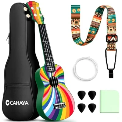 Immagine di CAHAYA Ukulele Soprano da 21 Pollici: in Tiglio con Custodia Portatile, Tracolla Regolabile Spartiti Corde di Ricambio Panno per la Pulizia e 4 Plettri, Adatto Principianti, Arcobaleno