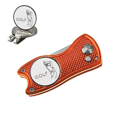 Immagine di Crestgolf Golf Divot Tool con Pop up Button &amp; Magnetic Ball Marker Pitch Mark Mini Leggero Portatile e Pieghevole (Orange)