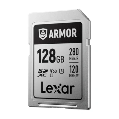 Immagine di Lexar ARMOR SILVER PRO scheda SD 128 GB, di memoria UHS II, acciaio inossidabile, C10, U3, V60, video UHD 6K, fino a 280 MB/s in lettura, 120 scrittura, SDXC per DSLR/fotocamera