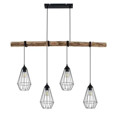 Immagine di lampada a sospensione &#039;Eldarion&#039; dimmerabile (Country) colore Ocra, in Legno ad es. Soggiorno &amp; Sala da pranzo (4 luci, E27) di Lindby sospensione, soffitto,