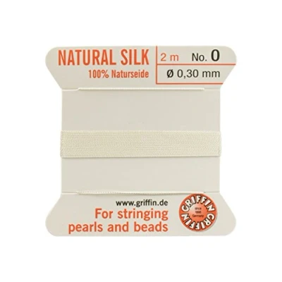 Immagine di Griffin Filo/cordino/corda per infilatura di perle e perline, al 100% in seta natural, da 2 metri lunghezza, con un ago, disponibile 13 misure, colore: bianco, White, 0.30mm