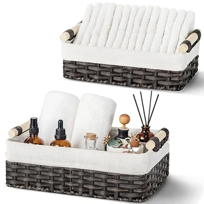 Immagine di GRANNY SAYS Cestini Bagno Portaoggetti, Set di 2 Vimini, Cestino Vimini Piccolo, Portaoggetti con Manici in Legno, Cesti da Scaffale, Ceste Marrone