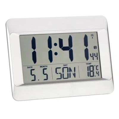 Immagine di TFA Dostmann orologio da parete digitale, 60.4519, radio con temperatura interna, giorno della settimana (8 lingue), data, impostazione del fuso orario, plastica, (L) 215 x 160 (H) 26