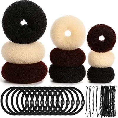 Immagine di 9 Pezzi Ciambella Bun Maker Creatore di Chignon Set Stile Anello con 12 Fasce Elastiche per Capelli e 32 Forcine (Nero, Marrone, Beige)
