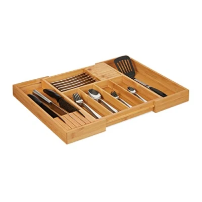 Immagine di relaxdays Portaposate in Legno di bambù, Estraibile, 2 Blocchi per Coltelli, 5 7 Scomparti, HLP 5x56x43 cm, Naturale