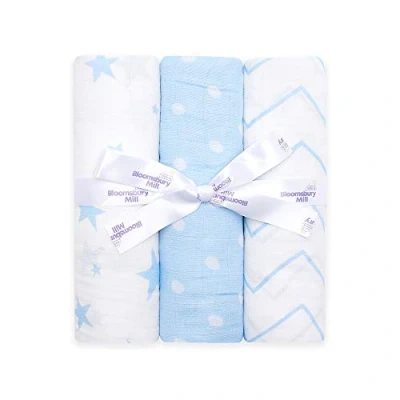 Immagine di Bloomsbury Mill Confezione da 3 fasce in mussola 100% puro cotone biologico formato grande 120cm x A stelle, zig zag e pois celeste (azzurro) bianco