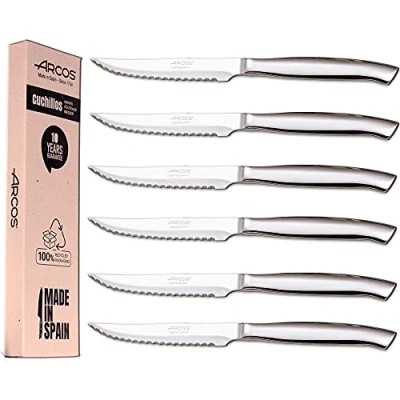 Immagine di Arcos Set di coltelli da bistecca, 6 pezzi, in acciaio inox, lama 110 mm, manico rotondo e forma ovale, monoblocco, confezione ecologica (6 pezzi)