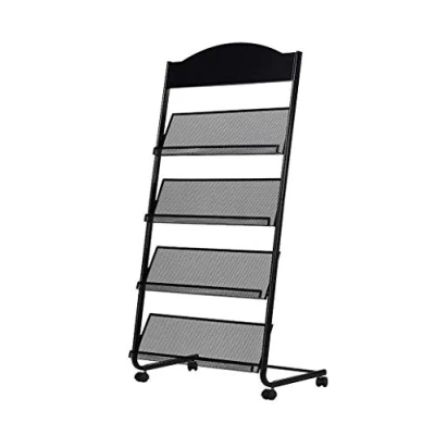 Immagine di Portariviste con rotelle, espositore per riviste, 4 ripiani da pavimento, porta colore: nero