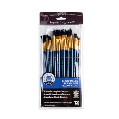Immagine di Royal &amp; Langnickel Serie 9300 10760: set di 12 pennelli Taklon, con custodia zip nero Assorted Black