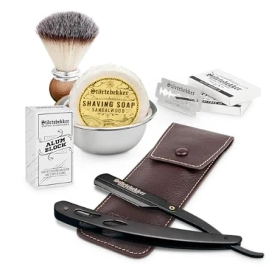 Immagine di Störtebekker Premium set di rasoi neri con custodia in pelle fatta a mano incl. pennello da barba, ciotola sapone pietra d&#039;allume e lame rasoio barba (Nero Caffè)