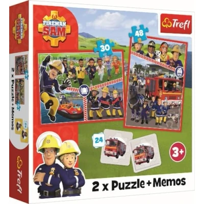 Immagine di Trefl Fireman Sam, Squadra Sam 3 in 1: 2x Puzzle + Gioco di Memoria, con i Personaggi 30 e 48 Pezzi, 24 Memo, Divertimento per Bambini a Partire da anni