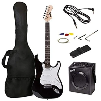 Immagine di RockJam RJ20WAR2 Superkit per chitarra elettrica di dimensioni standard con amplificatore chitarra, corde accordatore, tracolla custodia e cavo nero