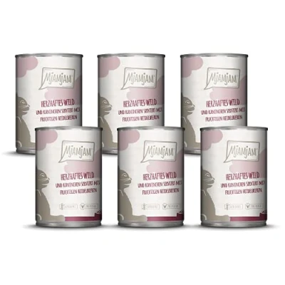 Immagine di MjAMjAM cibo umido premium per gatti sostanziosa selvaggina e coniglio con mirtilli fruttati, confezione da 6 (6 x 400 g), senza cereali carne extra