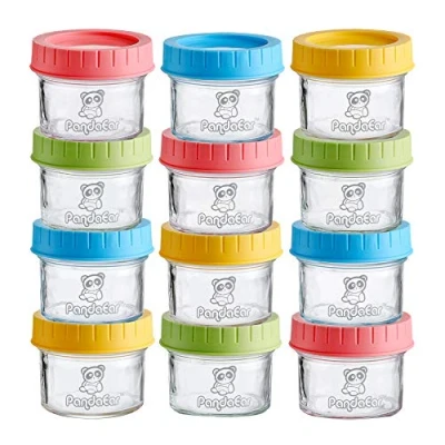 Immagine di PandaEar (confezione da 12) barattoli di vetro per alimenti bambini Conservazione del congelatore piccoli contenitori riutilizzabili 4 once con coperchi ermetici a prova perdite
