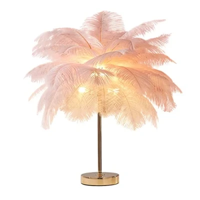 Immagine di DUNMW lampada da tavolo creativa con piume di struzzo rosa, comodino, comodino lusso ed elegante, luce notturna per soggiorno, camera letto, decorazione domestica