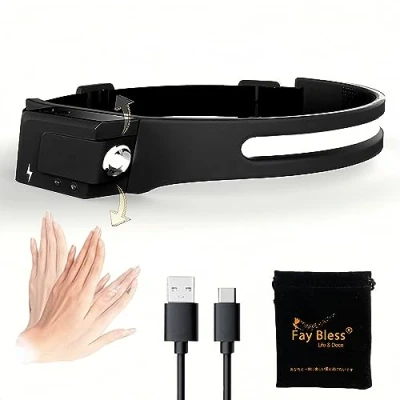 Immagine di Lampada Frontale LED Con Sensore USB C Ricaricabile E Angolo Regolabile (Black)