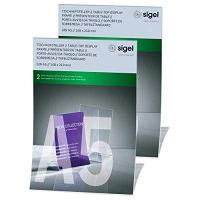 Immagine di SIGEL TA160 Porta avvisi da tavolo / brochure banco, pieghevole, trasparente, per A4, 2 pz