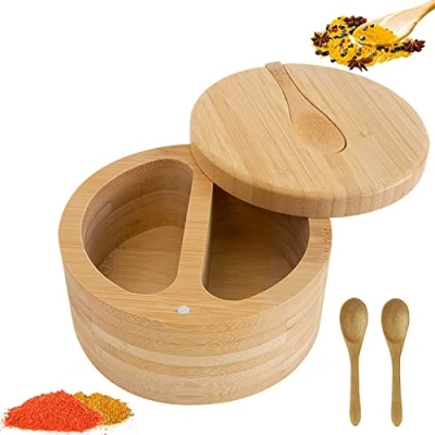 Immagine di HAOTIAN X contenitore per sale con coperchio girevole a 2 scomparti magnetico e 3 piccoli cucchiai di legno, spezie da cucina, spezie, erbe, pepe o oggetti
