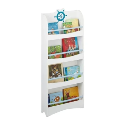 Immagine di Relaxdays Libreria per Bambini, 124 x 50,5 15 cm, Scaffale a 4 Scomparti Porta Libri, Cameretta Bimbi, MDF, Bianco Blu