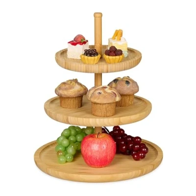 Immagine di Relaxdays Alzata Portafrutta su 3 Livelli, Centrotavola, Vassoio da Portata, Struttura in bambù per Buffet, Naturale, Marrone, 30x30x37 cm