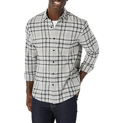 Immagine di Amazon Essentials Camicia in Flanella a Maniche Lunghe (Disponibile Taglie Extra Forti) Uomo, Grigio Chiaro Nero Motivo Scozzese, L