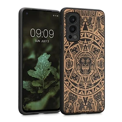 Immagine di kwmobile Custodia Compatibile con OnePlus Nord 2 5G Cover Back Case in Legno Bumper Silicone TPU Ornamento Tribale marrone chiaro/nero
