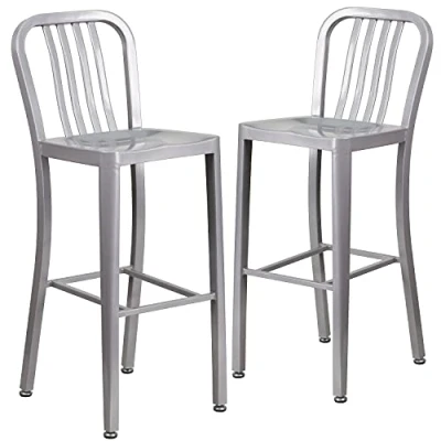 Immagine di Flash Furniture Set da 2 Sgabelli Bar, con Schienale Assi Verticali, Altezza 76 Cm, per Interni Ed Esterni, qualità Commerciale, in Metallo, Colore Argento